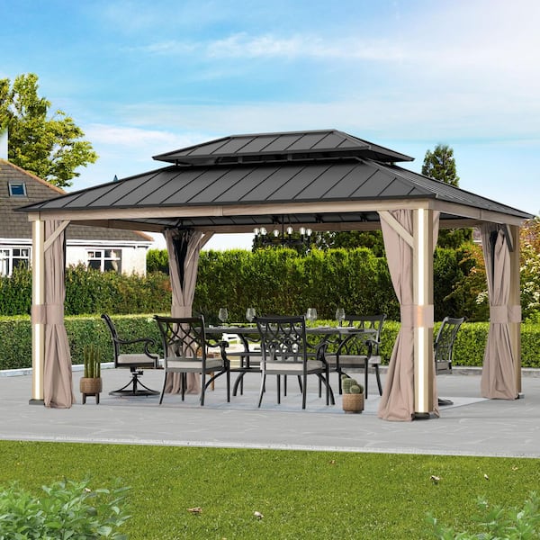 12 ft. x 16 ft. Hardtop Gazebo with 4 LED Lights, USB Charging Port, Mosquito Netting and Curtain, Wood Looking