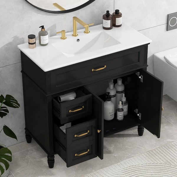 36 in. Freestanding Black Solid Frame Bath Vanity Cabinet with White Ceramic Basin Top and 2 Different Size Drawers