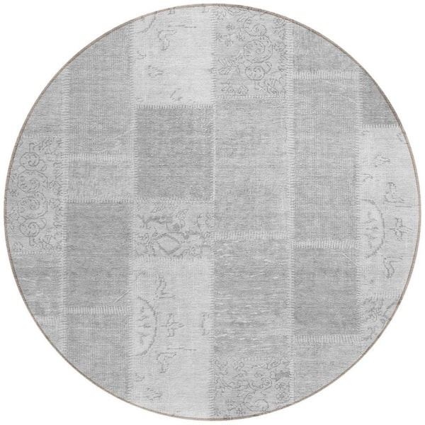 Silver, Gray, Graphite 8 ft. Round Woven Plaid Polyester Round Indoor/Outdoor Area Rug