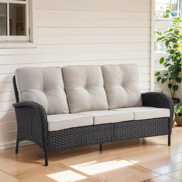 PlainCurve Metal and Black Wicker Outdoor 3-Seat Sectional Couch Patio Sofa with Olefin Beige Cushions