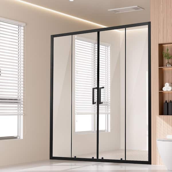 Semi-Frameless Shower Door, 57.8-59 in. W x 70 in. H, Sliding Glass Door Frameless Shower Door in Black