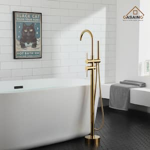 Double-Handles Floor-Mount High Arch Tub Faucet High Flow Bathroom Tub Filler with Handshower in Titanium Gold