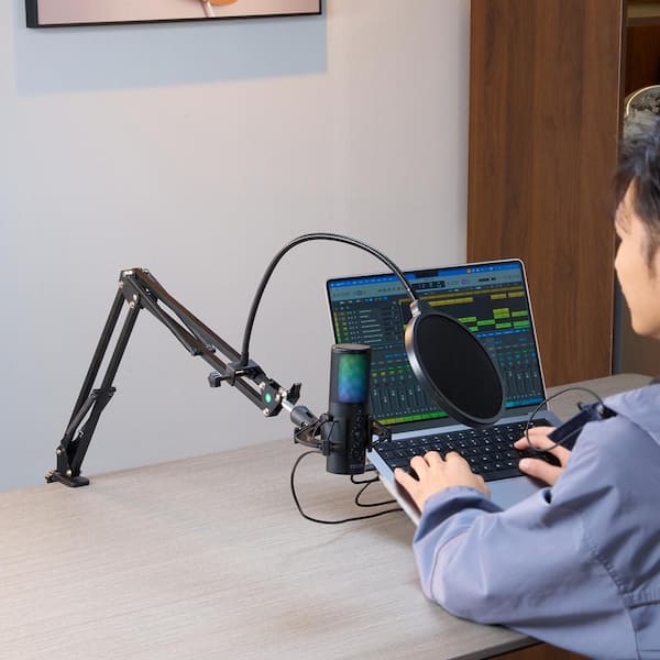 USB Microphone Condenser Microphone Kit Boom Arm Stand Pop Filter Shock Mount 11 RGB Lighting Mute Button