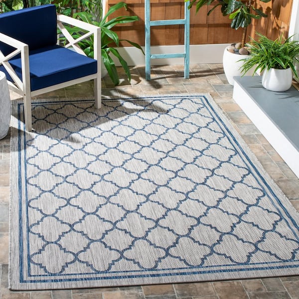 Courtyard Gray/Navy 4 ft. x 6 ft. Border Quatrefoil Indoor/Outdoor Area Rug