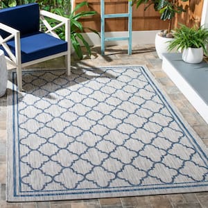 Courtyard Gray/Navy 5 ft. x 8 ft. Border Quatrefoil Indoor/Outdoor Area Rug