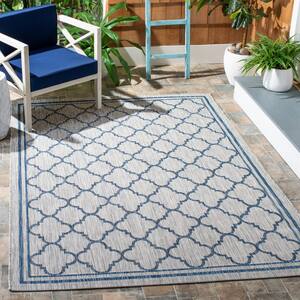 Courtyard Gray/Navy 8 ft. x 10 ft. Border Quatrefoil Indoor/Outdoor Area Rug