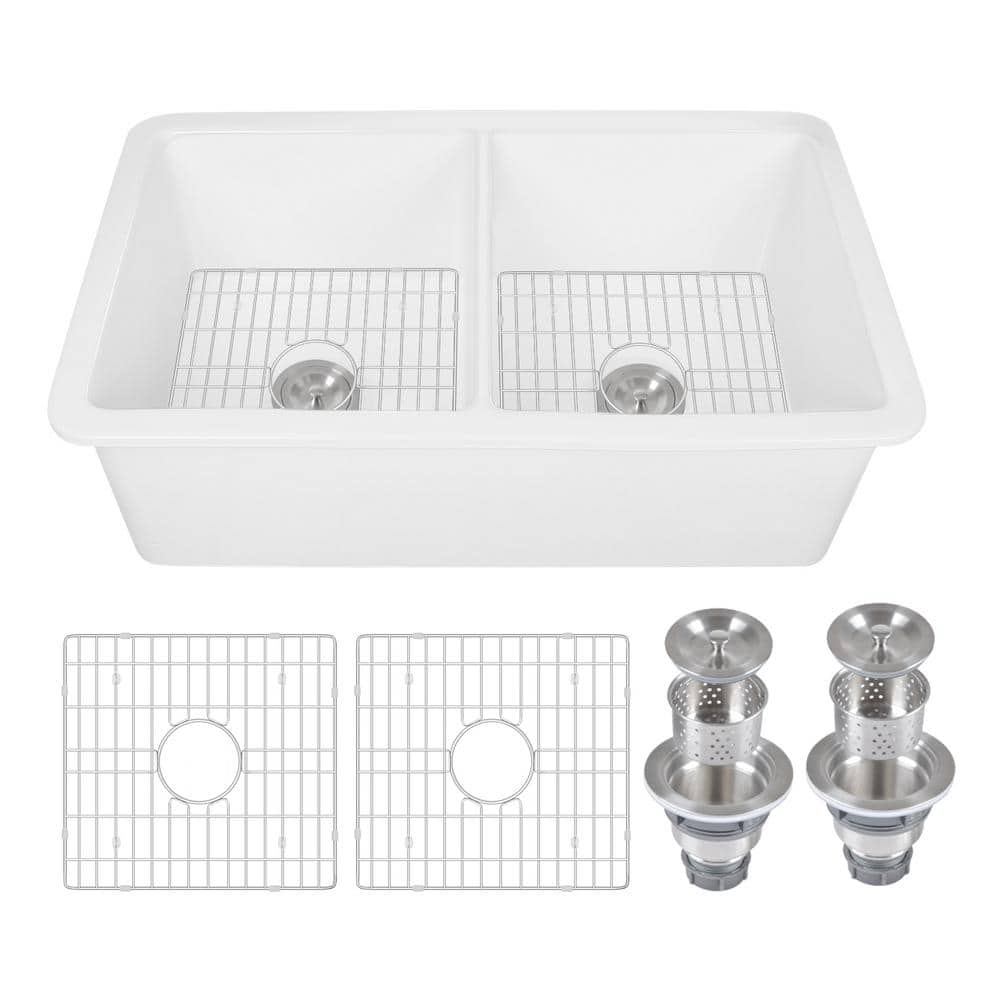 32" L Dual Mount 50/50 Double Bowl Undermount/Drop in Kitchen Sink with Basket Strainer and Sink Grid