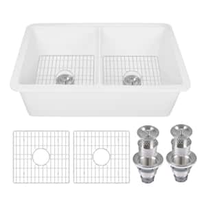 32 in. L x 19 in. W White Fireclay Rectangular Double Bowl Undermount Kitchen Sink with Bottom Grid and Basket Strainer