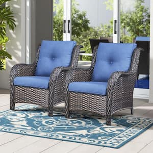 Brown Wicker Outdoor Patio Lounge Chair with CushionGuard Blue Cushions (2-Pack)