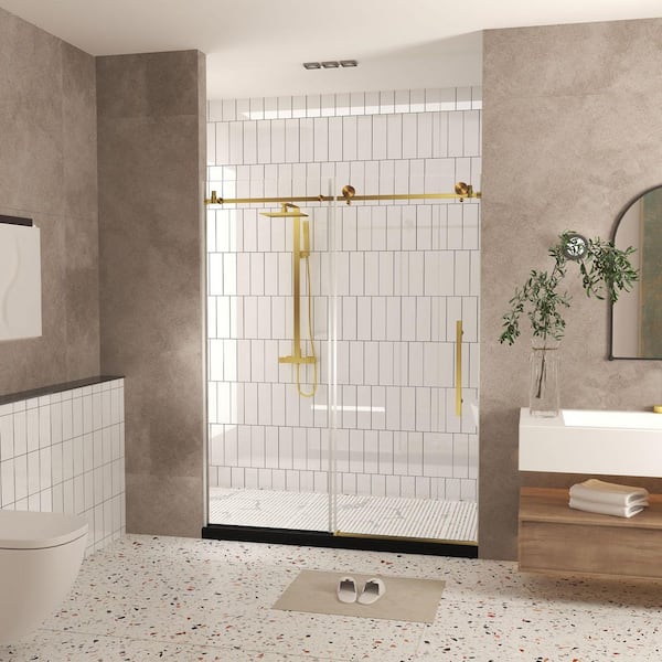 56-60 in. W x 76 in. H Frameless Sliding Shower Door in Brushed Gold with 1/4 in. (6 mm) Clear Tempered Glass