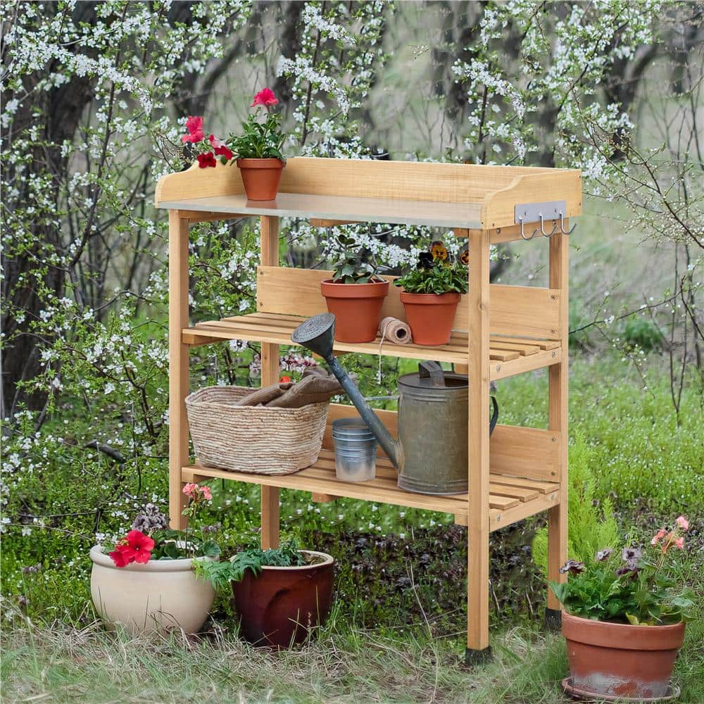 Natural Wood Outdoor Potting Bench with Storage Shelves