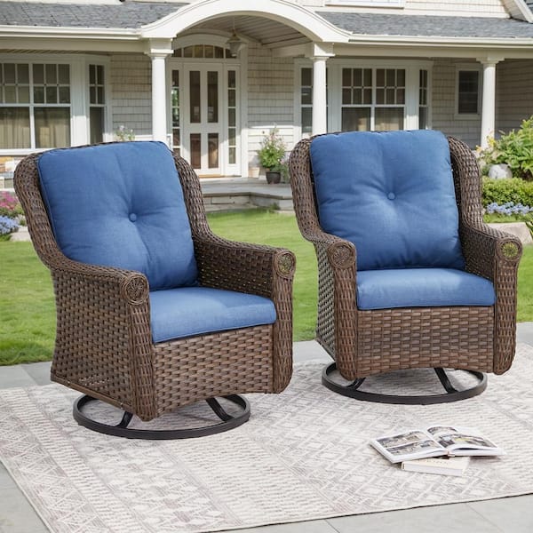 Pocassy Chrysanthemum Armrest Series 2-Pack Outdoor Swivel Brown Wicker Glider Rocking Chair with CushionGuard Blue Cushions