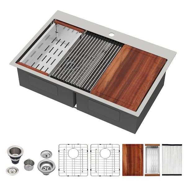 33 in. Drop-in Low Divide Double Bowl 50/50 Stainless Steel 16-Guage Workstation Kitchen Sink with Accessories