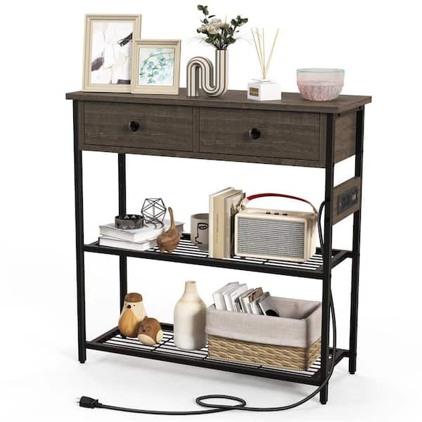 32 in. Grey Oak Rectangle Wood Top Entryway Table End Table with 2-Drawers Charging Station Narrow Console Table