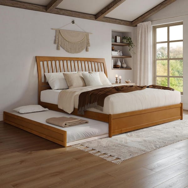 AFI Roslyn Light Toffee Natural Bronze Solid Wood Frame King Platform Bed with Panel Footboard and Twin XL Trundle