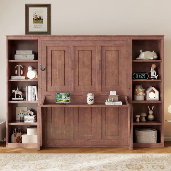 Dark Brown Wood Frame Full Murphy Bed with Desk and Bookshelf