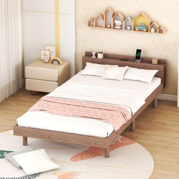 Walnut Brown Wood Frame Twin Size Platform Bed with USB Port and Storage Headboard