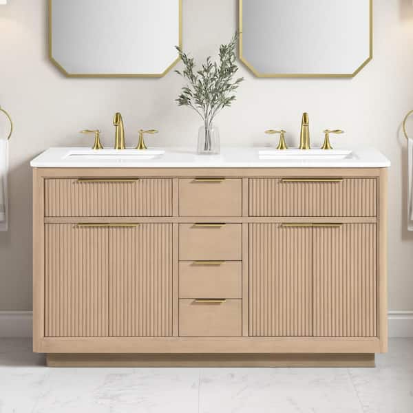 Xander 60 in. Double Sink Sahara Birch Bath Vanity with White Engineered Stone Top