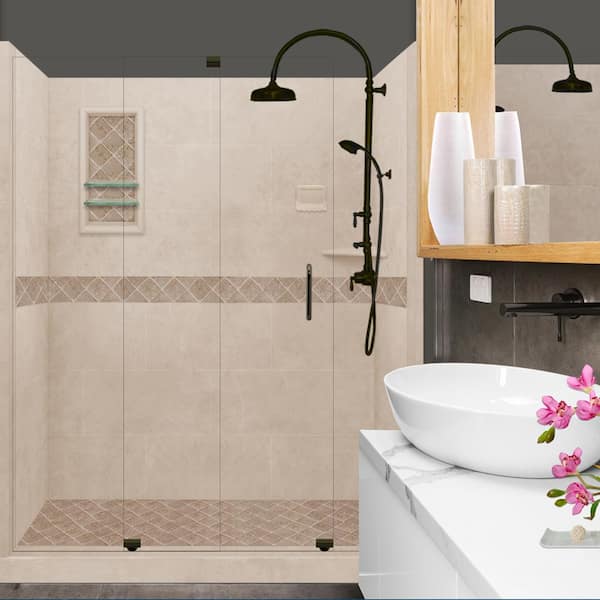 American Bath Factory Espresso Diamond Slider 30 in. x 60 in. x 80 in. Left Drain Alcove Shower Kit in Brown Sugar and Old Bronze Hardware