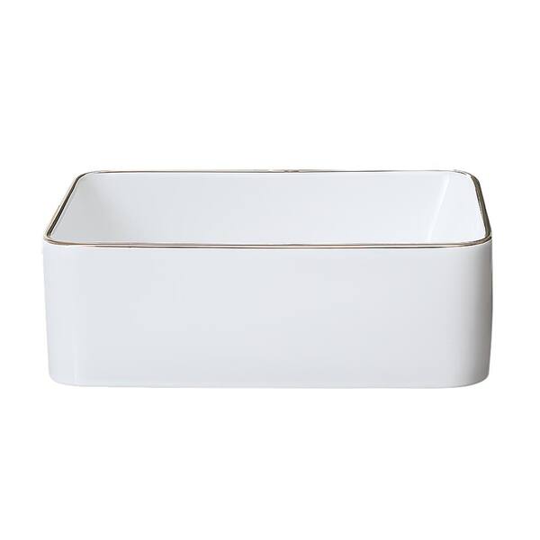 WELLFOR 15.76 in . Ceramic Rectangular Vessel Sink in White with Gold Trim