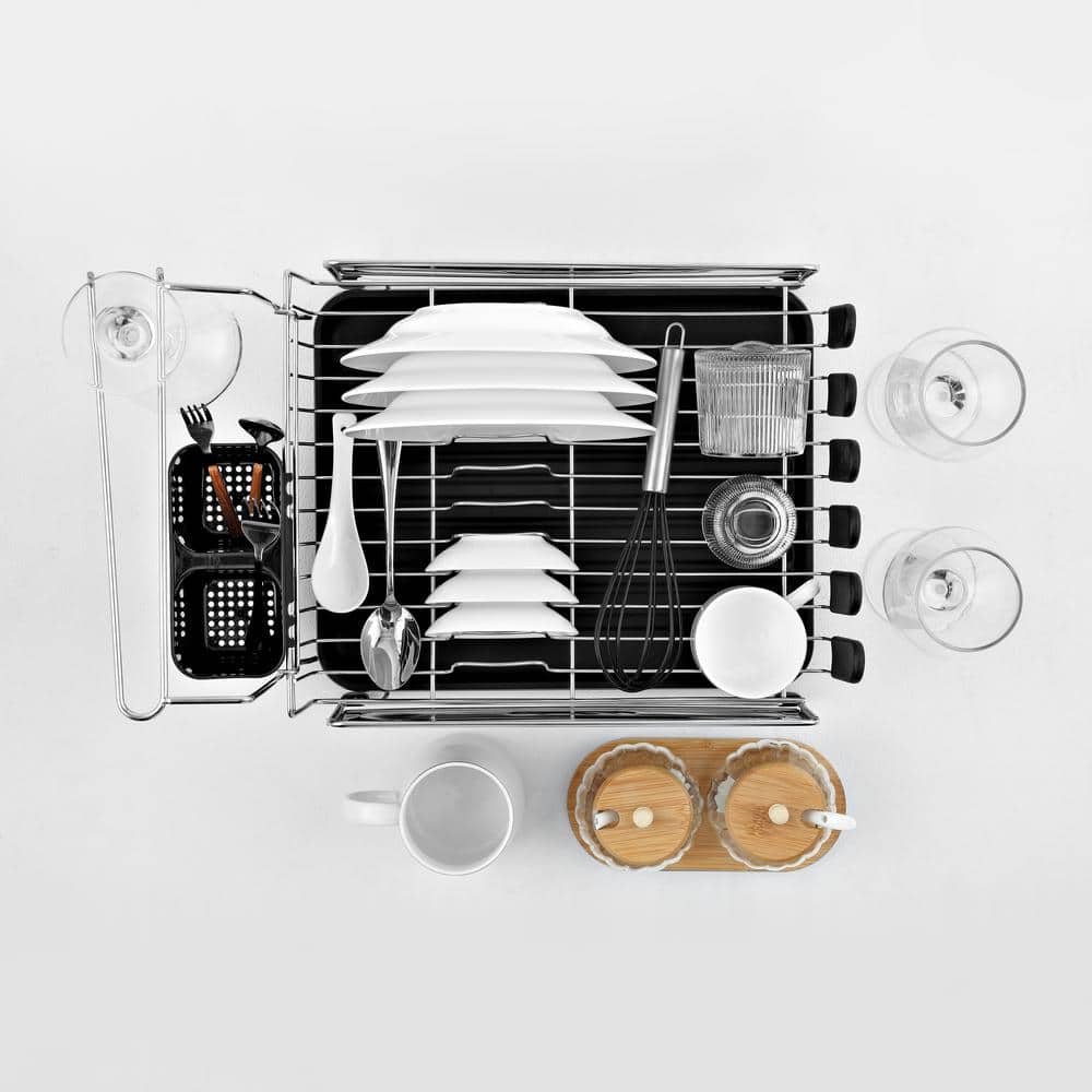 Compact Stainless Steel Dish Rack with Utensil Cup and Wine Glass Holder