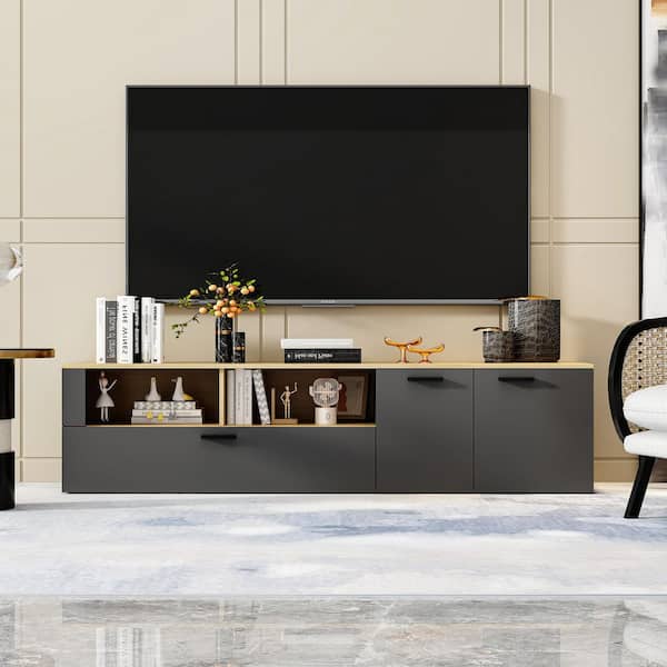 FUFU&GAGA Dark Gray and Oak TV Stand Fits TVs up to 70 in. with Flip-Down Door, Cabinets and Open Storage, Entertainment Center