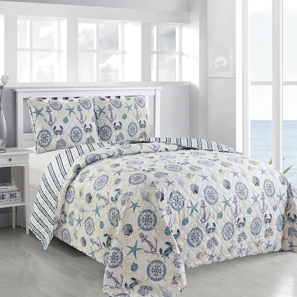 FRESHFOLDS Multi-Colored Reversible Coastal Printed Twin Microfiber 2-Piece Quilt Set Bedspread