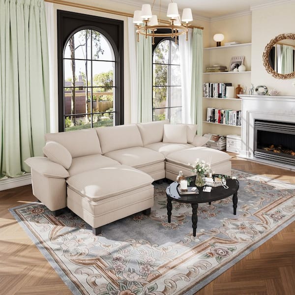 123.6 in. Flared Arm 5-Seat Corduroy Fabric U-Shaped Modular Sectional Sofa in. Beige with Throw Pillows and Ottomans