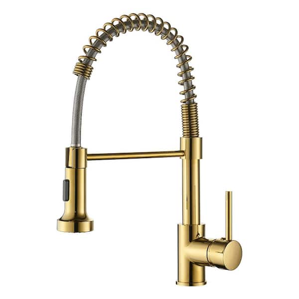 PERLIRIA INC Single Handle 16.3 in. Commercial Pull Down Sprayer Kitchen Faucet with Dual Function Sprayhead in Polished Gold Color