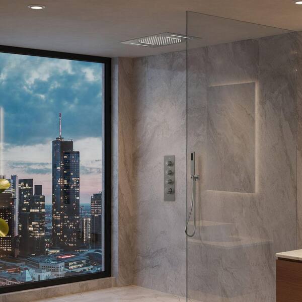 LED Thermostatic Quadruple Handle 7-Spray 23 x 15 in. Shower Faucets 2.5 GPM / Anti Scald Waterfall in. Brushed Nickel