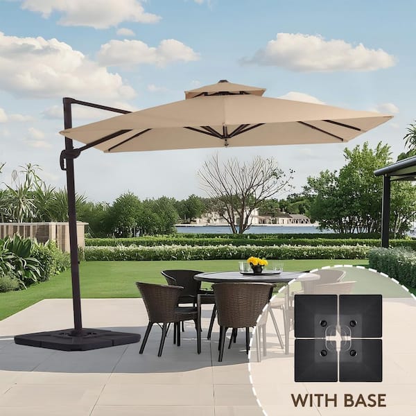 12 ft. x 12 ft. Aluminum Cantilever Patio Umbrella with Weighted Base in Beige