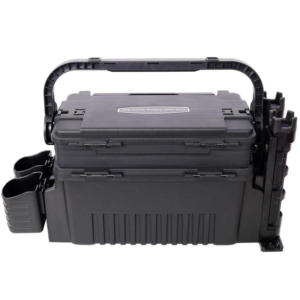 Damodpoy 9 in. W Black Plastic Portable Dual-layer Fishing Tackle Tool Box with Rod Holder, Cup Holder and Carring Strap