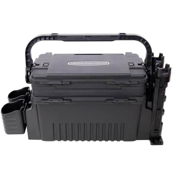9 in. W Black Plastic Portable Dual-layer Fishing Tackle Tool Box with Rod Holder, Cup Holder and Carring Strap