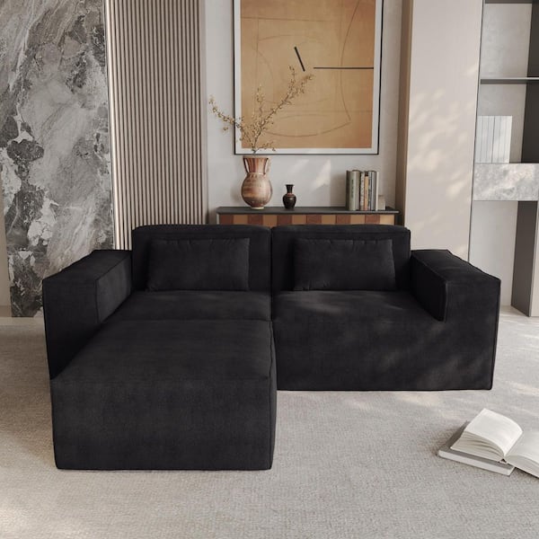 86.62 in. Velvet Modular 3-Piece Corner Sectional Sofa Loveseat in Black with Ottoman