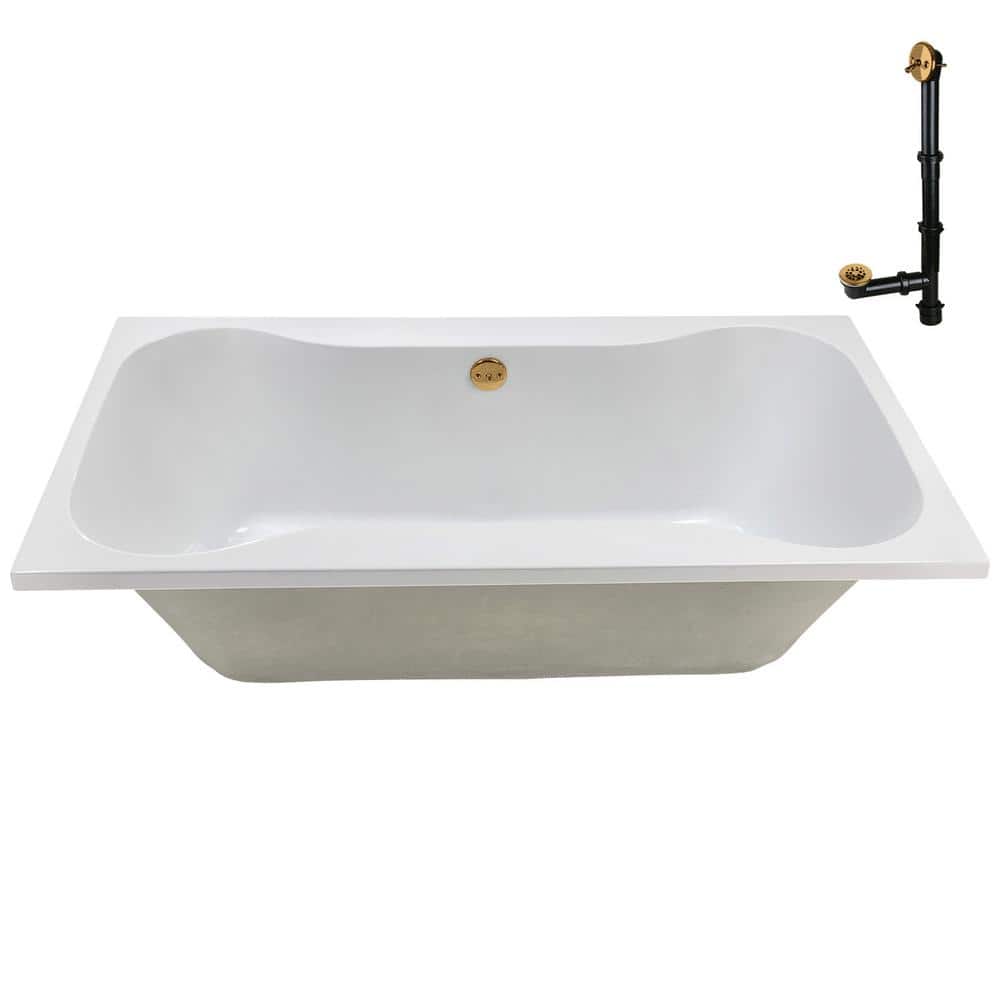 72'' Glossy White Acrylic Soaking Drop-In Bathtub with Brushed Gold Hardware