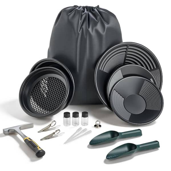 Gold Panning Kit, 10 in. and 14 in. Pans for Outdoor Gold Recovery, 19-Piece Prospecting Set with Classifier Sieves