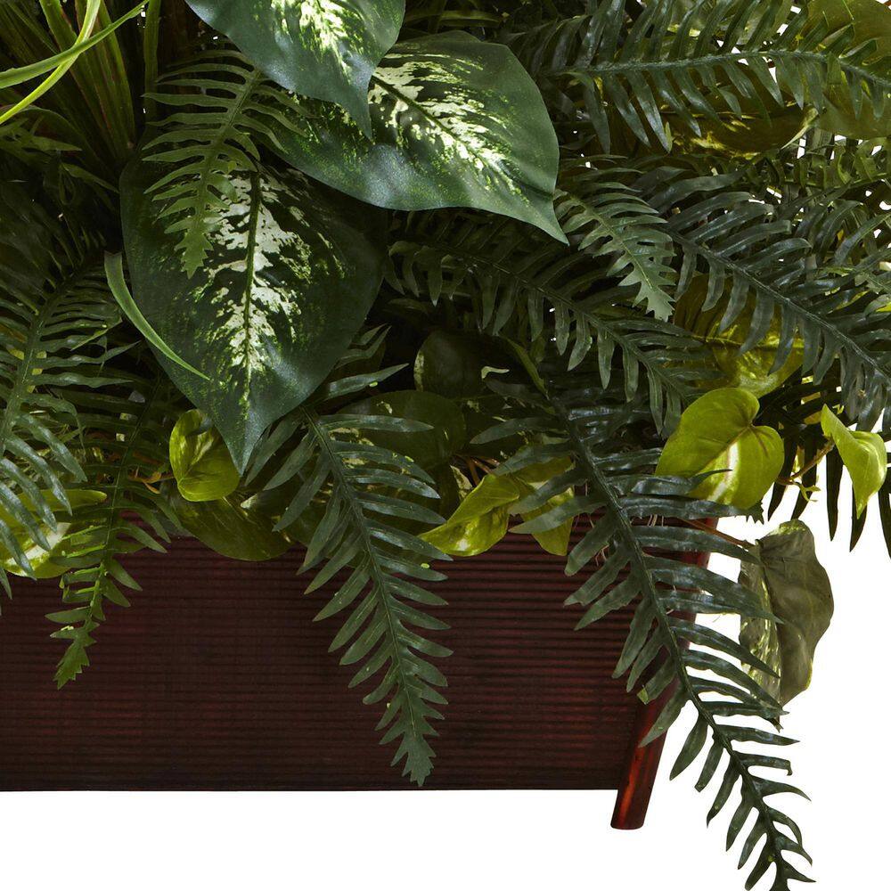 Green Plastic Fern and Grass Arrangement in Iron Planter