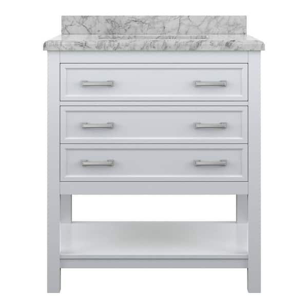 Design Element Affinity 31 in. Modern Bathroom Vanity in White with Carrara White Marble Top