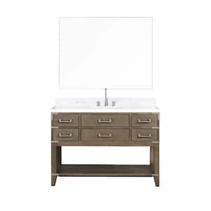 Irvington 48 in W x 22 in D Grey Oak Single Bath Vanity, Carrara Marble Top, Faucet Set, and 46 in Mirror