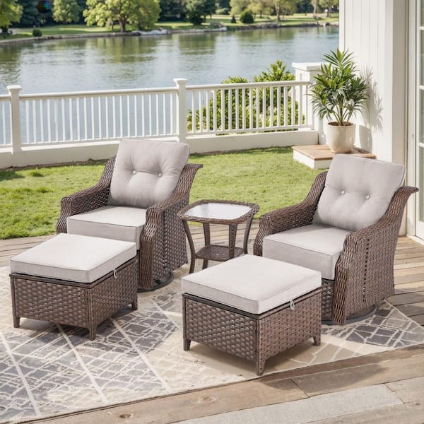Modern Farmhouse 5-Piece Brown Wicker Outdoor Rocking Chair with 6 In. Beige Cushions /Patio Matching Ottomans