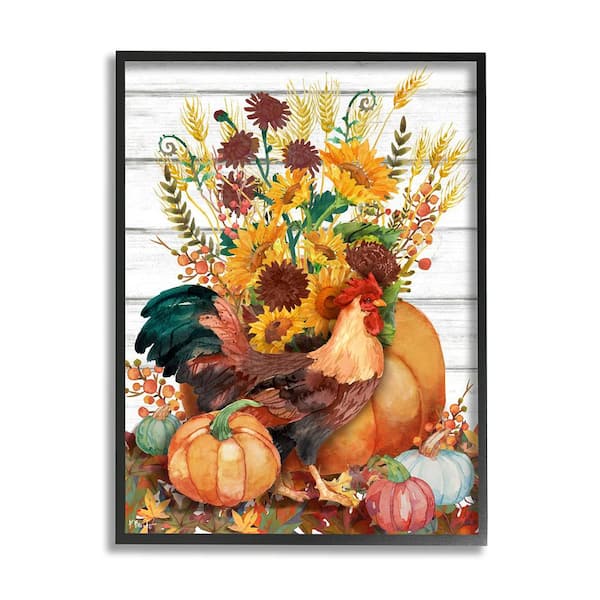 Stupell Industries Rustic Sunflowers and Hen by Paul Brent 1 Piece Framed Graphic Print Animal Poster Art Print 14 in. x 11 in.