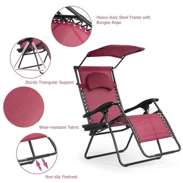 Wine Zero Gravity Chair Adjustable Folding Reclining Patio Lounge Chair with Canopy, Removable Pillow and Cup Holder