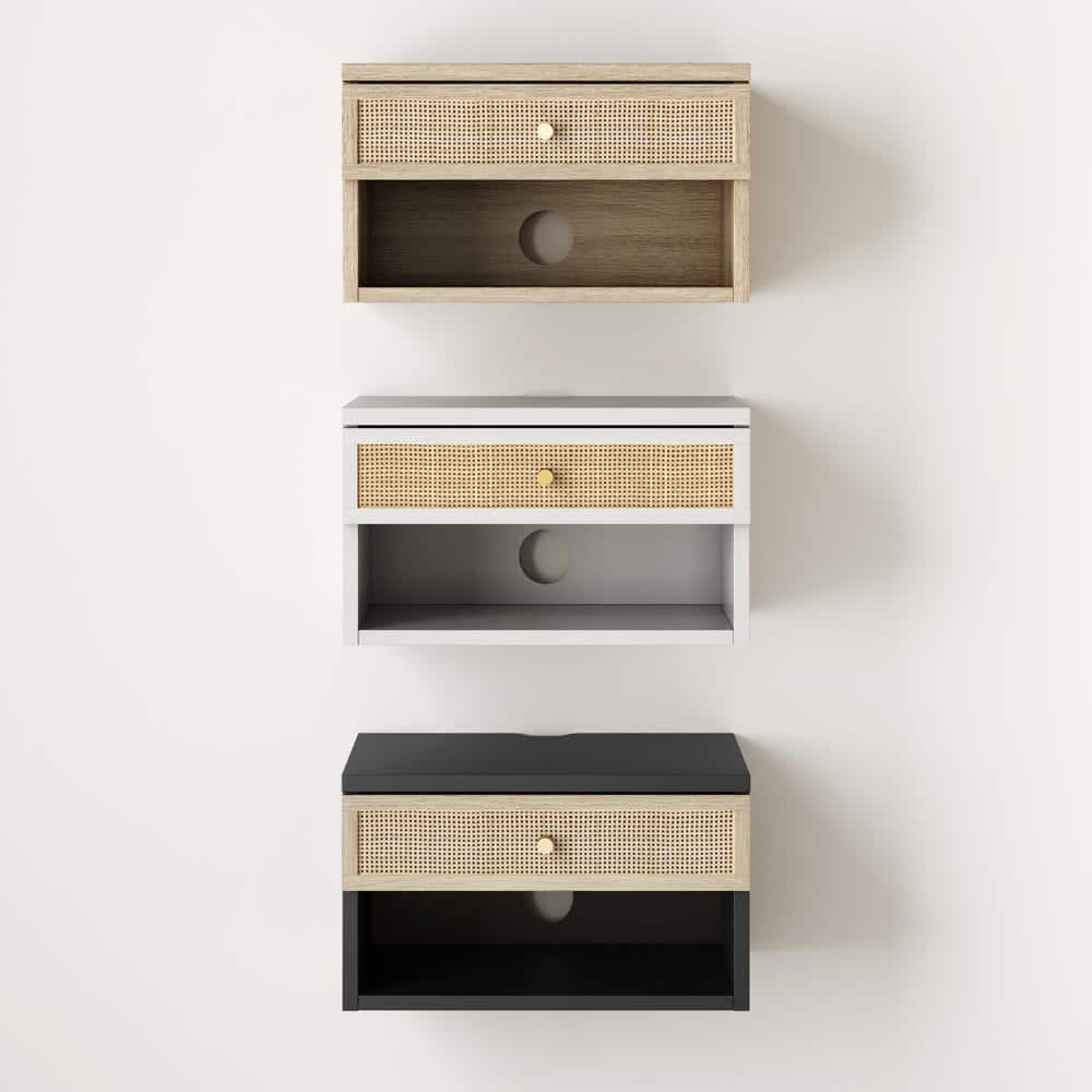 Light Oak and Rattan Floating Nightstands with Drawer, Set of 2