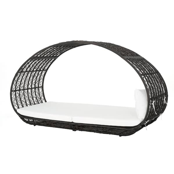 Vaughn Multibrown Faux Rattan Outdoor Patio Day Bed with White Cushions