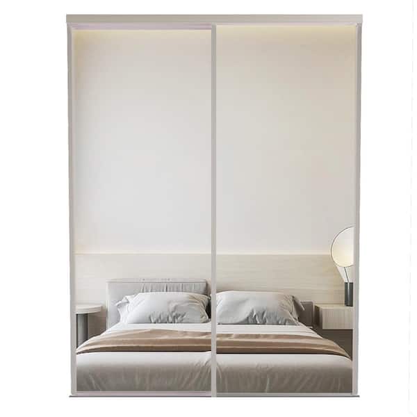 ARK DESIGN 60 in. x 80 in. 1 Lite Safety Backing Mirrow White Aluminum Frame Sliding Closet Door with Hardware