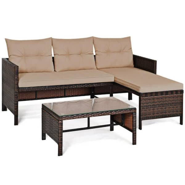 Clihome 3-Pieces Wicker Outdoor Patio Conversation Set Corner Rattan Sofa Set with CushionGuard Beige Cushions