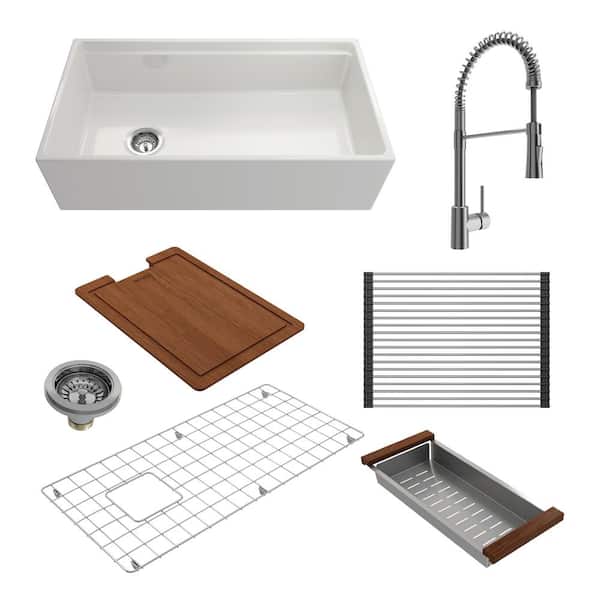 BOCCHI Contempo Step-Rim White Fireclay 36 in. Single Bowl Farmhouse Apron Front Workstation Kitchen Sink with Faucet