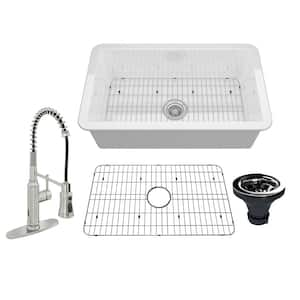 All-in-one Glossy White Fireclay 32 in. Single Bowl Undermount Kitchen Sink with Pull Down Faucet and Accessories