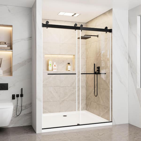 60 in. W x 78 in. H Double Sliding Frameless Shower Door in Matte Black with Explosion Proof Film Clear Glass