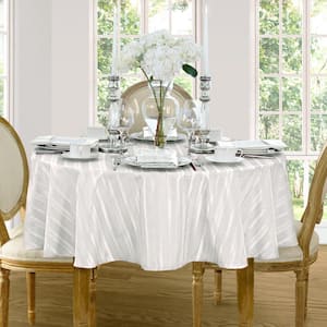 70 in. Round White Denley Stripe Damask Fabric Tablecloth